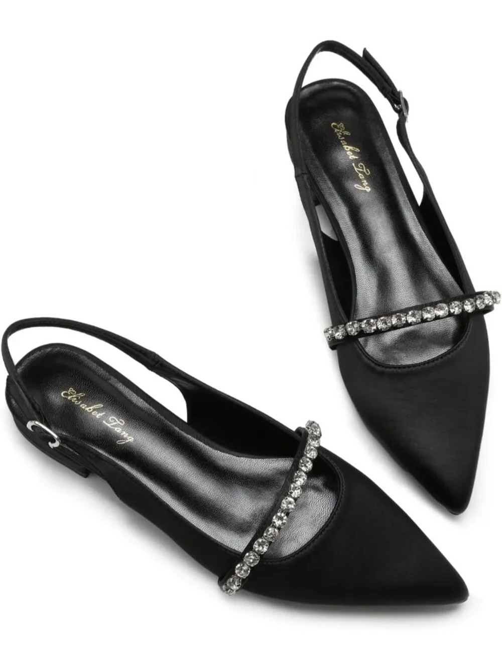 Women's Black Satin Slingback Flats With Rhinestone Pointed Toe Backstrap Shoes
